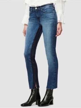 Frame Le High Straight SZ Tuxedo stripe dark wash Jeans with slit and Raw Hem